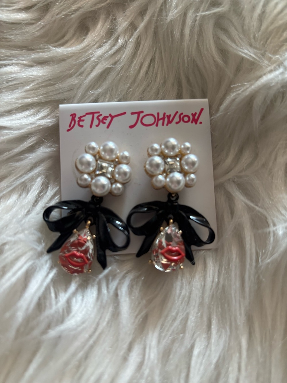 Betsey Johnson Pearl Cluster Earrings with Black Bows and Red Lip Charms
